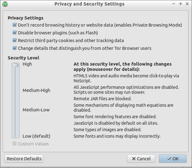 Sicherheitsregler im Tor Browser